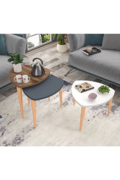 FLORADESİGN Flora Roll Sehpa Ahşap Ayaklı Üçlü Zigon