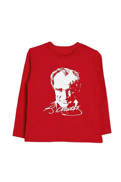 FATELLA Unisex Children's Red Ataturk Printed Long Sleeve T-shirt