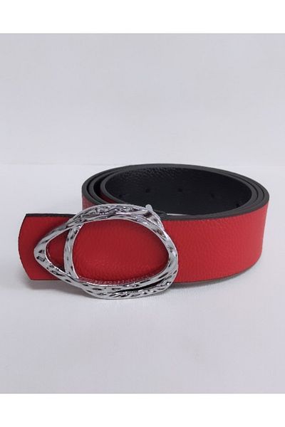 Enpovi Red and Black Double Sided Silver Buckle Women's Belt