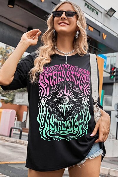 Machetta Γυναικείο μπλουζάκι Stars Shine Printed Μαύρο Oversize