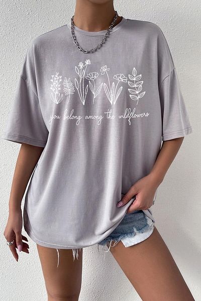 Machetta Γυναικείο μπλουζάκι σε γκρι Wildflowers με στάμπα Oversize