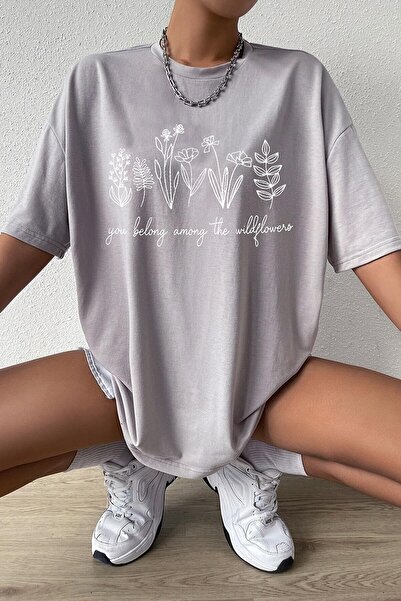 Machetta Γυναικείο μπλουζάκι σε γκρι Wildflowers με στάμπα Oversize