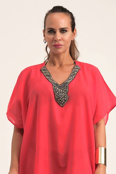 Marever Fashion Handcrafted Gold Collar Red Summer Beach Dress