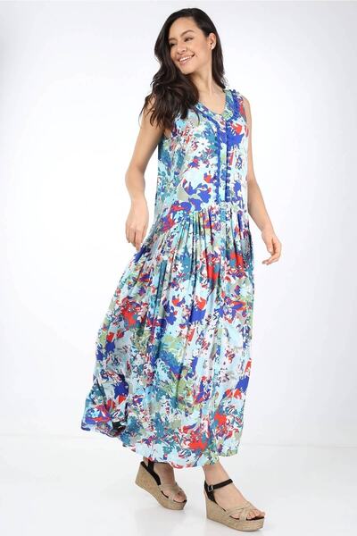 Luisido Mavi Çiçek Desenli Ponpon Detaylı Önü Düğmeli Sıfır Kol Elbise