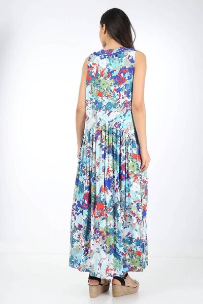 Luisido Mavi Çiçek Desenli Ponpon Detaylı Önü Düğmeli Sıfır Kol Elbise