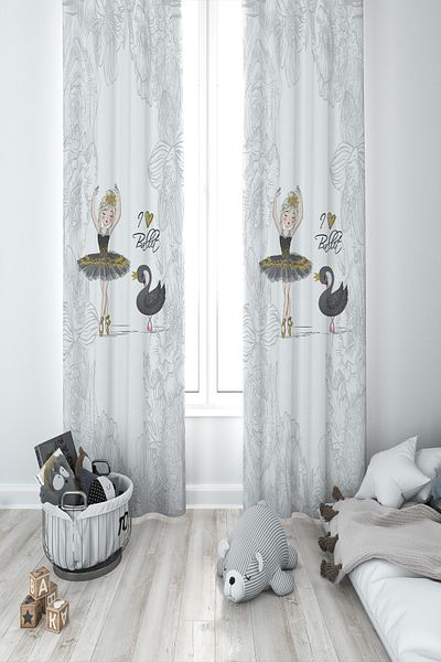 BAMBAŞKA MODA Baby and Children's Room Motif Ballerina Girl Two Wings Background Curtain Bmfp-257
