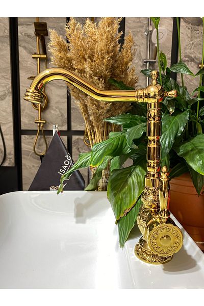 İSAOĞLU YAPI Gold Rustic Kitchen Faucet Faucet Gold Premium Embroidered Rustic Sink Faucet