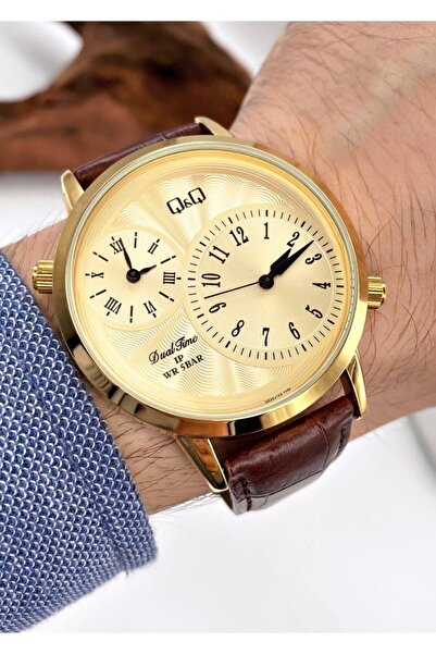 Q&Q Qz22j99es Double Time Zone Leather Band Men's Wristwatch