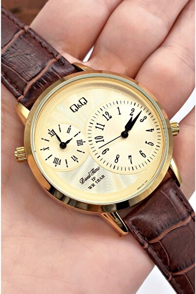 Q&Q Qz22j99es Double Time Zone Leather Band Men's Wristwatch