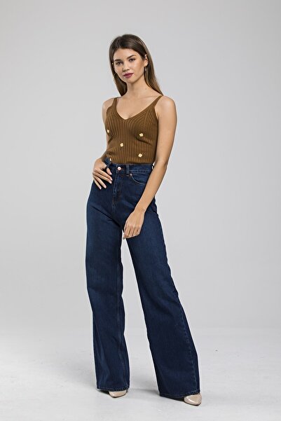 Trn JNS Παντελόνι Neva Dark Blue 90's Lycra Super ψηλόμεσο φαρδύ τζιν Palazzo. (υπερ-υψηλό)