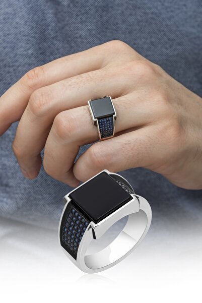 ALYANSEVİM Kare Oniks Siyah Taşlı 925 Gümüş Erkek Yüzük