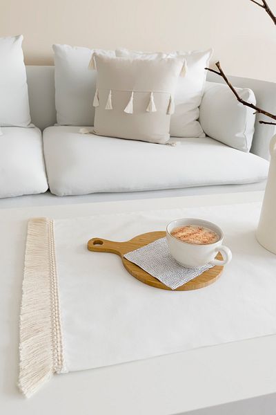 RİTMOHOME Runner alb nordic cu franjuri