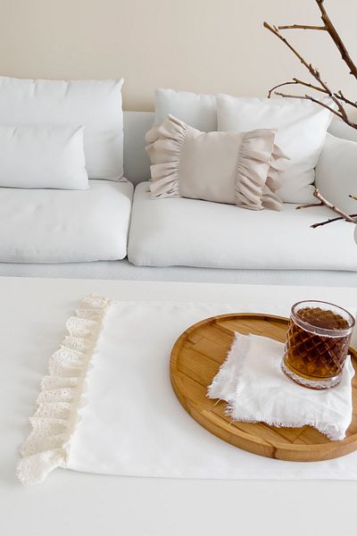RİTMOHOME Runner alb scandinav vintage cu dantelă festonată