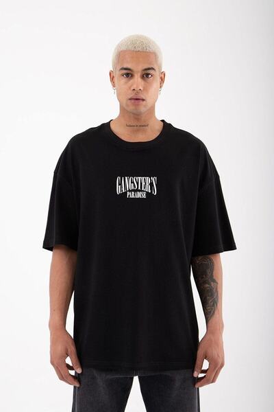 Machetta Μπλούζα Plus Size Μαύρη Gangster's Paradise με Στάμπα Oversize Κρουαζέ Λαιμό.