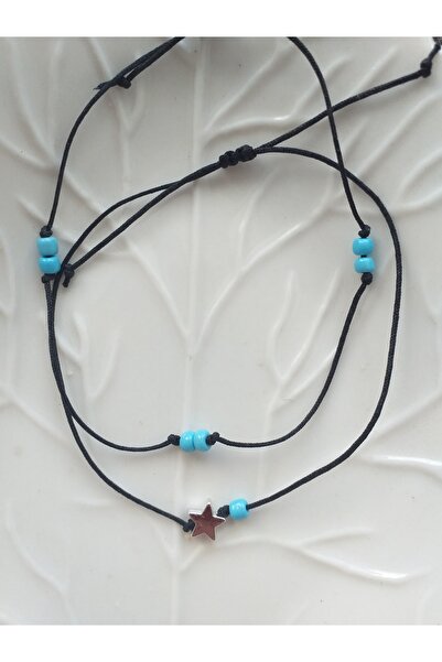 wundaf tasarım Siyah Gümüş Kaplama Yıldız Ve Mavi Boncuklu Ikili Halhal