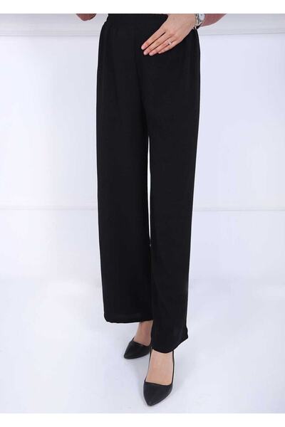 Fresh&Moda Pantaloni de damă, negri, cu talie elastică, din material Ayrobin, cu picioare largi, mărimi mari