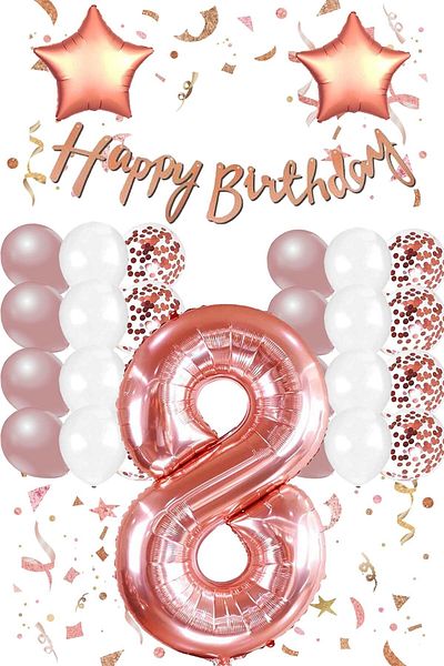 Patladı Gitti Rose Gold Concept 8 Year Old Birthday Celebration Set; White Gold Confetti Balloon, Number Star Foil and B