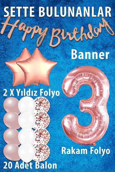 Patladı Gitti Rose Gold Concept 3 Year Old Birthday Celebration Set; White Gold Confetti Balloon, Number Star Foil Baloon