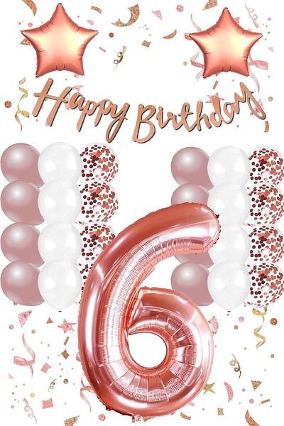 Patladı Gitti Rose Gold Concept 6 Year Old Birthday Celebration Set; White Gold Confetti Balloon, Number Star Foil and B