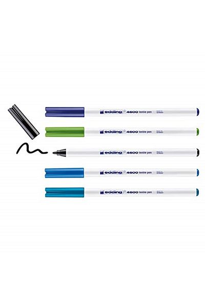 Edding 4600 Textile Pen - Black, Blue, Light Blue, Light Green, Oriental Blue - Set of 5 - 1 mm H