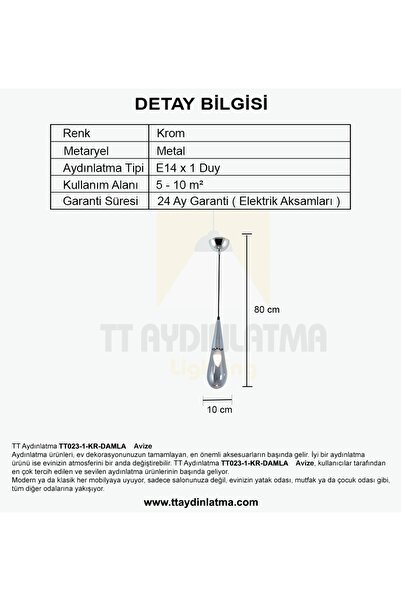 TT AYDINLATMA Tt023-1-kr Damla Modeli Krom Tekli Avize