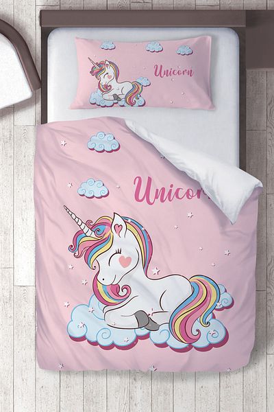 instababyrooms Set de lenjerie de pat pentru copii din bumbac micro satin cu model unicorn roz