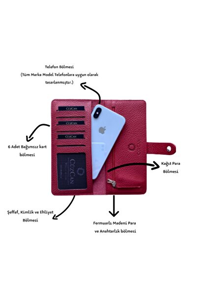 CüzCan Creen Kırmızı Gerçek Hakiki Deri Telefon Cüzdanı Unisex (ERKEK-KADIN)