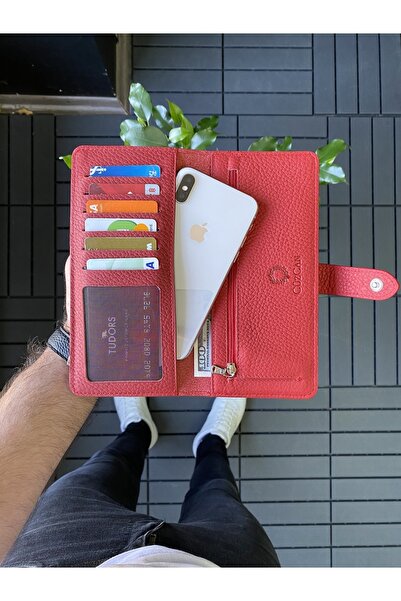 CüzCan Creen Kırmızı Gerçek Hakiki Deri Telefon Cüzdanı Unisex (ERKEK-KADIN)