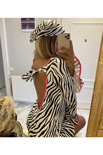 İambabydesign Zebra Desen Sırtı Açık Elbise Ve Bandana
