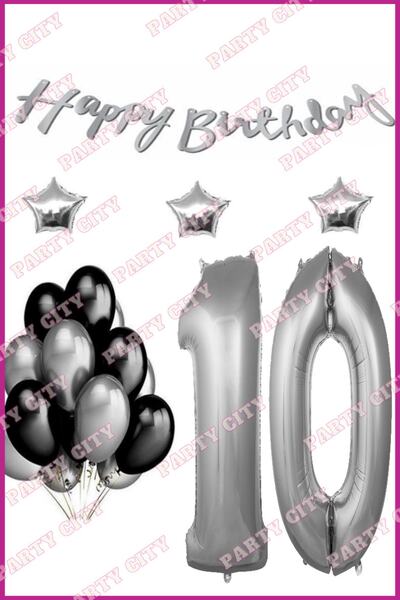 Party City Gümüş Happy Birthday Konsepti 10 Yaş Doğum Günü Süsleme Seti