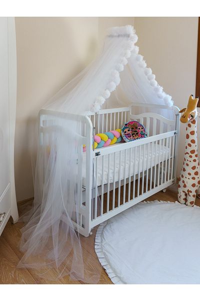 G&G baby White Pompom Crib Mosquito Net and Mosquito Net Apparatus