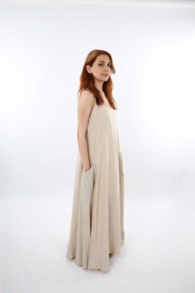 sares Μπεζ λινό φόρεμα - με λεπτομέρεια από φιστό και επένδυση