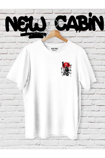 NewCabin Νέα σεζόν Unisex Samurai εμπρός και πίσω με στάμπα λευκό υπερμεγέθη μπλουζάκι
