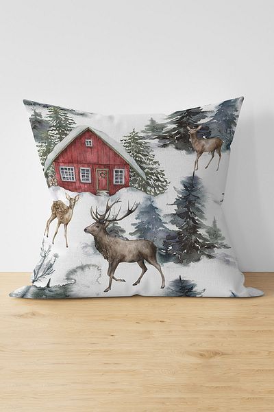 Nish & Royal Double Sided Snow Grounded Deer & Pine Tree Design Digital Printed Decorative Suede Throw Pillow Cover