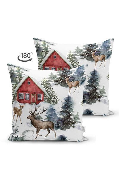 Nish & Royal Double Sided Snow Grounded Deer & Pine Tree Design Digital Printed Decorative Suede Throw Pillow Cover