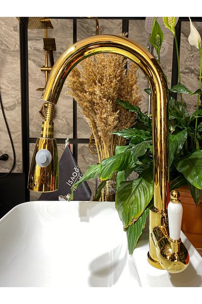 İSAOĞLU YAPI Golden Spiral Kitchen Faucet Golden Pivoting Head Sink Tap Golden Kitchen Faucet