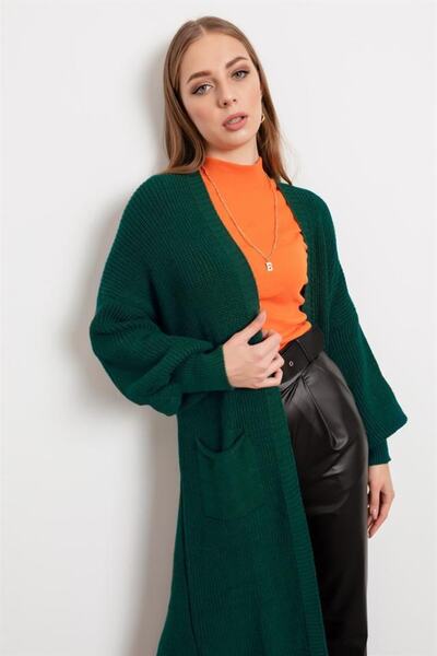 Lafaba Women's Green Balloon Sleeve Long Cardigan