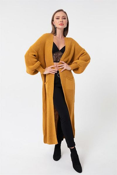 Lafaba Women's Mustard Balloon Sleeve Long Cardigan