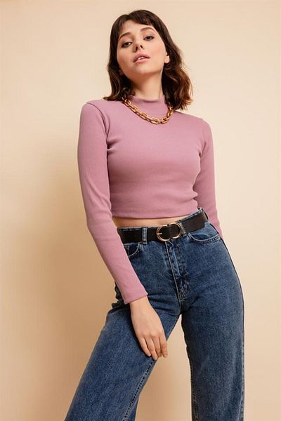 Lafaba Rosafarbene Crop-Bluse mit Rollkragen für Damen