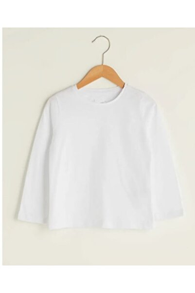 FATELLA Unisex Children's Round Collar White Long Sleeve Combed Cotton T-shirt