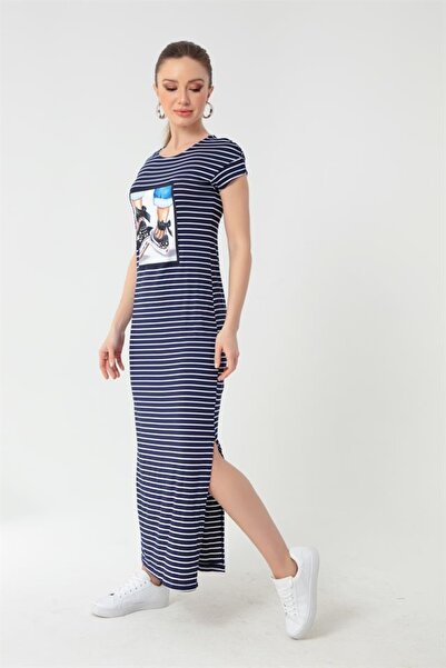 Lafaba Női sötétkék ruha oldalán hasítékokkal