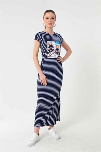 Lafaba Női sötétkék ruha oldalán hasítékokkal