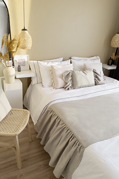 RİTMOHOME Bed Runner & Inner Padded Throw Pillow Set Double Linen Frilly