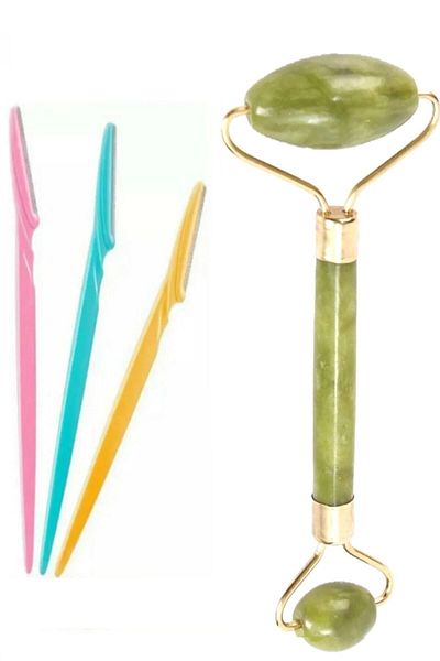 TİNEKE Natural Jade Stone Massage Tool and 3-Piece Eyebrow Razor Set