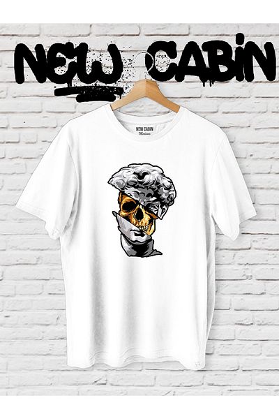NewCabin Νέα σεζόν Unisex Skull Sculpture μπροστά με στάμπα λευκό μπλουζάκι υπερμεγέθους