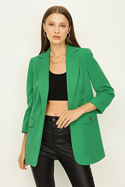 Select Moda Γυναικείο πράσινο μπλέιζερ με λεπτομέρεια με χρυσό κουμπί διπλό πέτο γιακά