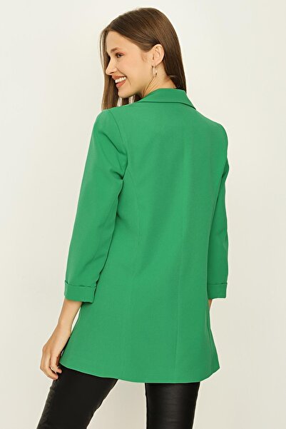 Select Moda Γυναικείο πράσινο μπλέιζερ με λεπτομέρεια με χρυσό κουμπί διπλό πέτο γιακά