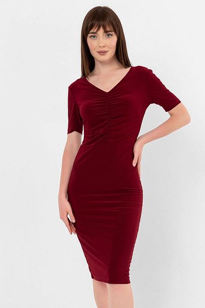 Laranor Claret Red V-Neck Collar Gather Detailed Pencil Dress