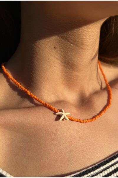 Kosovalı Ekru Deniz Yıldızlı Turuncu Kolye, 40 Cm