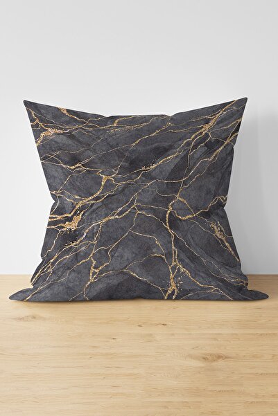 Nish & Royal Gold Detailed Marble Patterned Digital Printed Modern Suede Pill...